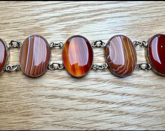 Vintage Silver Six Large Oval Cabochon Banded Agate Bracelet 51.7g 7 1/4"