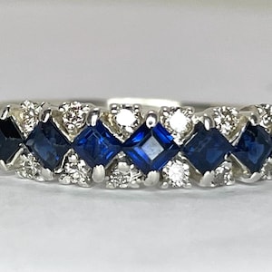 Vintage 18ct White Gold Diamond Square Sapphire Half Eternity Ring 'S1/2' 1975