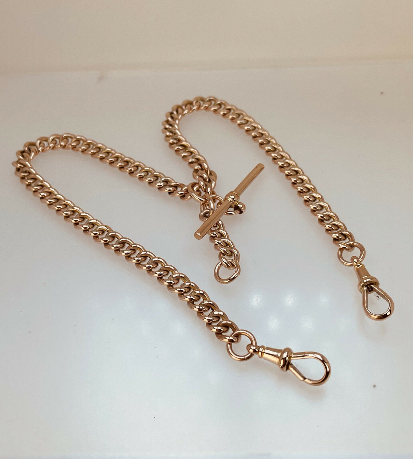 9ct Rose Gold Double Albert Watch Chain 14 Moving T Bar 2 End