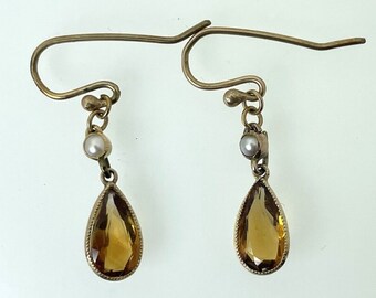 Antique Victorian 9ct Gold Teardrop Citrine Pearl Earrings French Hook 1.5g 26mm