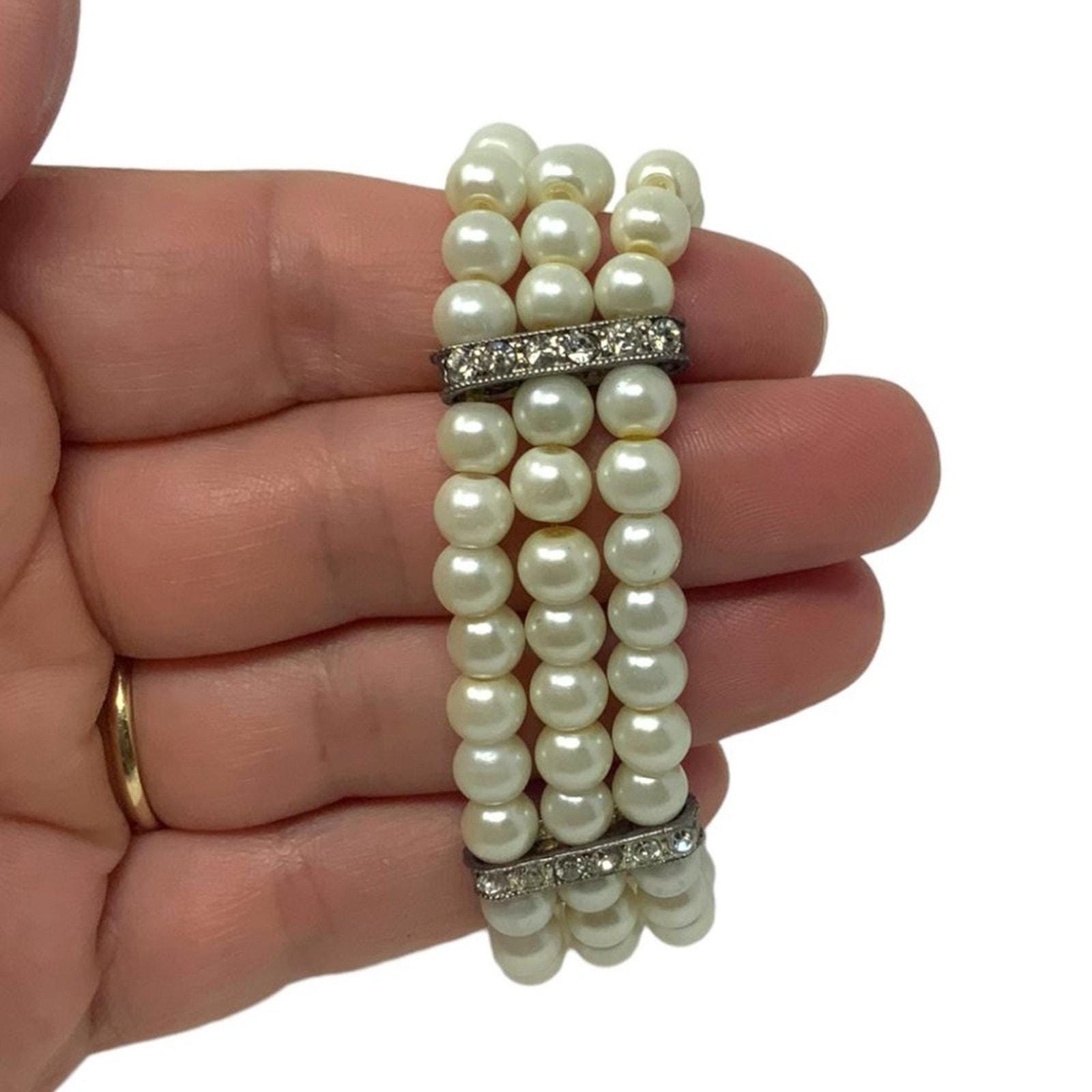 Bracelet Vintage Chic à 3 Rangs De Perles Blanc Et Gris - Fermoir Tube Sécurité - TBE