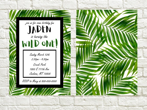 Birthday Invitation Tropical Theme Birthday Invite Green Black Etsy