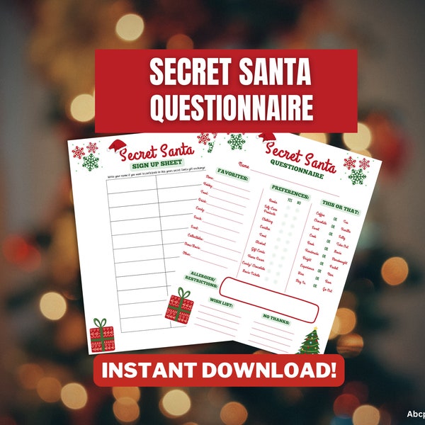 Secret Santa Gift Exchange Kit: Questionnaire Sheet & Bonus Sign Up Sheet - Festive Planning for a Memorable Holiday Gathering!