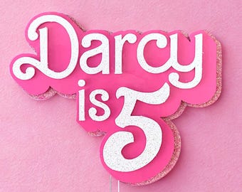 Personalised Pink Doll Inspired Cake Topper any Name and Age Glitter Barbie Birthday