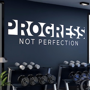 BIG GYM Wall Vinyl Decal &quot;Progress not perfection&quot; motivational, inspirational quote, exercise, lift, weights, health