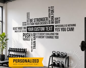 May include: A white wall in a gym with motivational text decals in black. The text includes phrases like "Be Stronger," "Push Yourself," and "Yes You Can!" A yellow banner at the bottom says "Personalized" with space to add custom text. Dumbbells and kettlebells are visible.