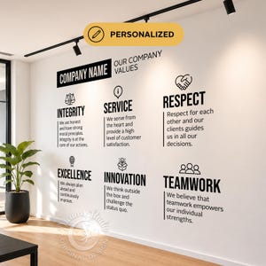 May include: A wall decal featuring black text and icons for company values including Integrity, Service, Respect, Excellence, Innovation, and Teamwork. The design includes a yellow personalized label at the top and a watermark at the bottom.