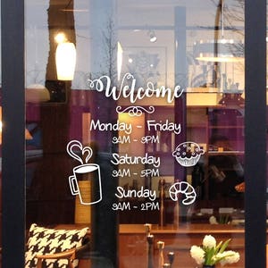 Orari di negozio personalizzati, orari di apertura, orari di apertura, decalcomanie dell'orario di lavoro per la vetrina del tuo ristorante caffee immagine 2
