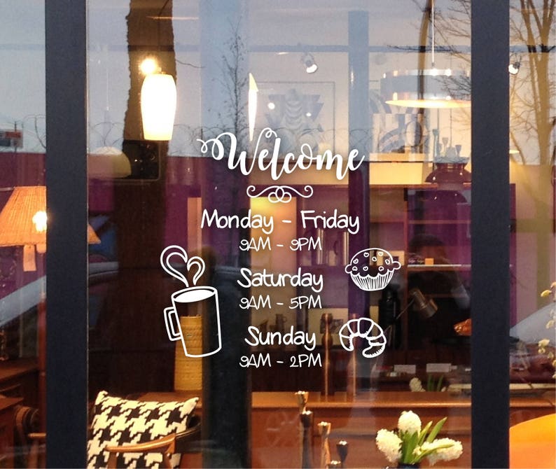 Orari di negozio personalizzati, orari di apertura, orari di apertura, decalcomanie dell'orario di lavoro per la vetrina del tuo ristorante caffee immagine 2