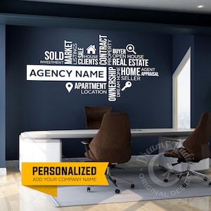 Puede incluir: Una calcomanía de pared blanca con una nube de palabras de términos inmobiliarios, que incluyen "Vendido", "Inversión", "Mercado", "Listas", "Venta", "Casa", "Clientes", "Contrato", "Propiedad", "Comprador", "Casa abierta", "Bienes raíces", "Hogar", "Hogar de ensueño", "Vendedor", "Agente", "Tasación". La calcomanía también incluye el texto "Nombre de la agencia", "Ubicación del apartamento" y "Personalizado Agregar el nombre de su empresa".