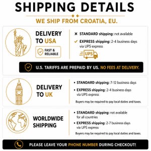 以下が含まれることがあります： SHIPPING DETAILSと題された情報グラフィック。WE SHIP FROM CROATIA, EUというテキストが含まれています。自由の女神、ビッグベン、地球儀のアイコンと共に、アメリカ、イギリス、世界各国への配送オプションとUPSのロゴが記載されています。