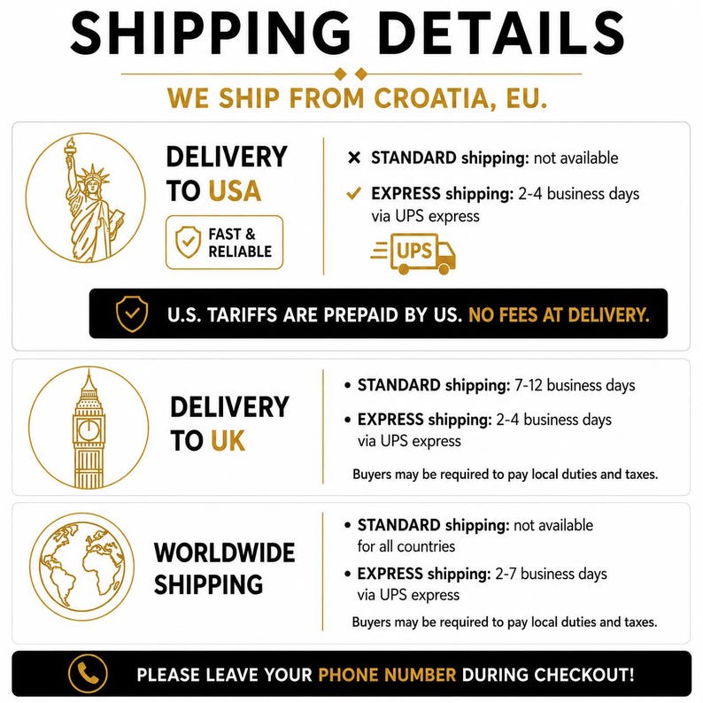以下が含まれることがあります： SHIPPING DETAILSと題された情報グラフィック。WE SHIP FROM CROATIA, EUというテキストが含まれています。自由の女神、ビッグベン、地球儀のアイコンと共に、アメリカ、イギリス、世界各国への配送オプションとUPSのロゴが記載されています。