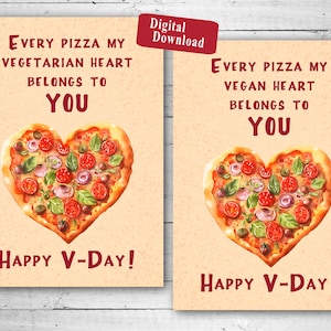 Carte de Saint-Valentin imprimable Pizza mon coeur végétarien/végétalien, vierge à l'intérieur, PDF, JPG, carte de 5 x 7 po, bricolage téléchargement numérique instantané