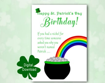 Printable St. Patrick’s Day Birthday Card, blank inside, Happy Birthday, Happy St. Paddy’s Day, PDF, 5x7 card, DIY Instant Digital Download