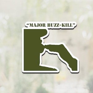May include: A green silhouette of a hand pressing a button with the text "MAJOR BUZZ-KILL" above it.