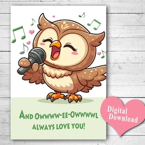 Tarjeta imprimible de cumpleaños, aniversario o cualquier ocasión, en blanco por dentro, Búho siempre te amo, PDF, JPG, tarjeta 5x7, Descarga digital instantánea DIY