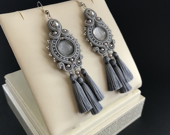 Soutache long earrings grey silver silk tassels monochrome, bride earrings