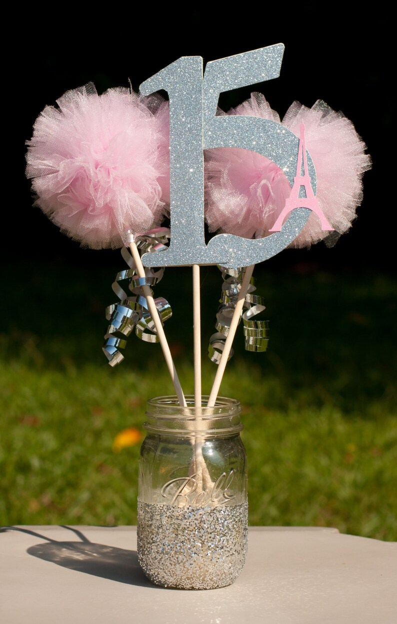 Paris Party Eiffel Tower First Birthday Photo Prop Pink and Silver Centerpiece Table Decoration Cake Topper