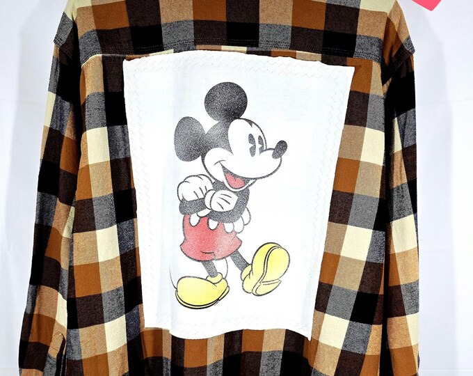 Upcycled Like New Extra Large Flannel Shirt with inspiring Mascot Mickey Mouse designed patch.