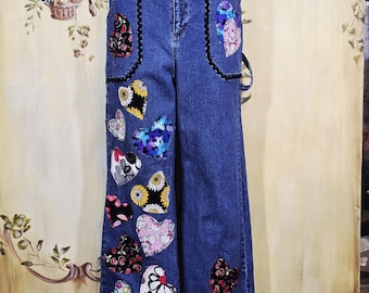 Charming Colorful Heart Appliques Upcycled Hand Designed Denim Jeans. Size 10 Stretch Blue Denim Jeans.