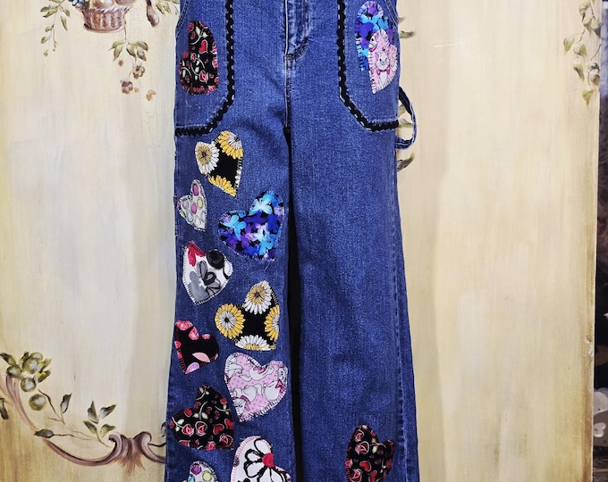 Charming Colorful Heart Appliques Upcycled Hand Designed Denim Jeans. Size 10 Stretch Blue Denim Jeans.
