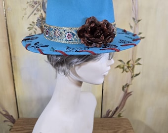 Vintage Inspired Burned Blue Brown & Burgundy Custom Made zfedora Hat. Adjustable Size.