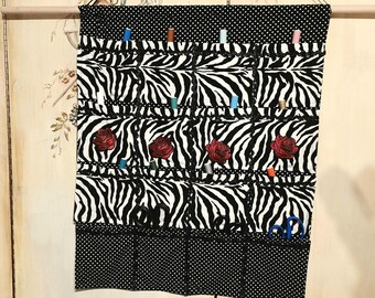 Black  White & Red  16 Pocket Double Cotton Fabric Craft Hand Made Wall Hanging Organizer