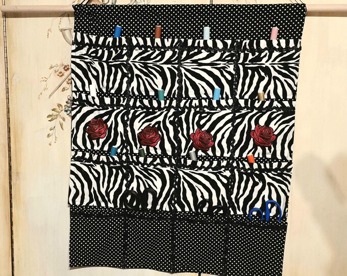 Black  White & Red  16 Pocket Double Cotton Fabric Craft Hand Made Wall Hanging Organizer
