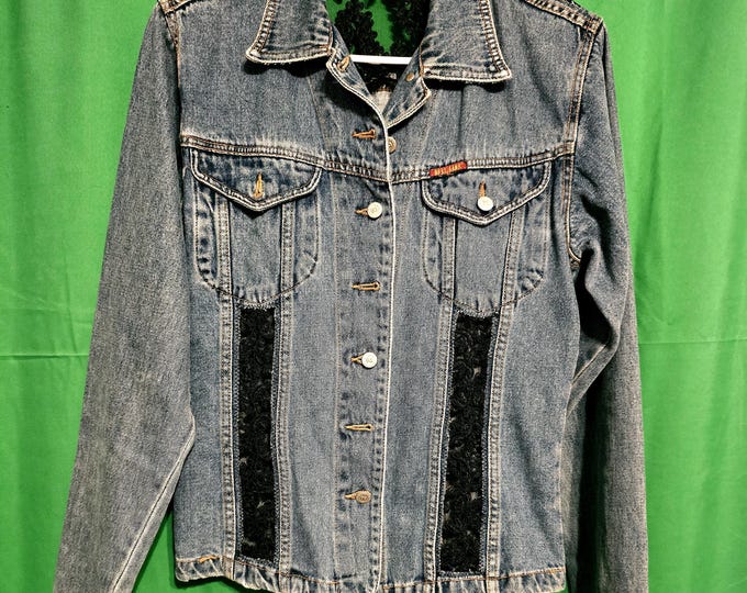 Upcycled Light Blue Denim with Black Lace Womans Medium Jean Jacket. Like New. Read all measurements.