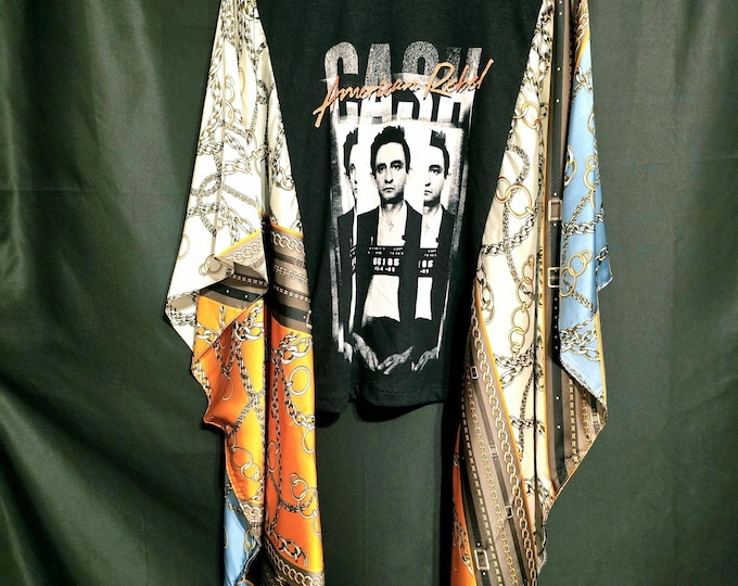 Johnny Cash - The American Rebal. Handmade Black Cotton T-shirt Poncho with Orange, Black, Blue, Beige Tones Polyester Silk Fabric Sleeves.