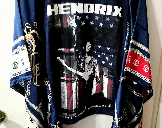Jimmy Hedrix - Handmade Black Cotton T-shirt Poncho with Blue,Red Tones Polyester Silk  Fabric Sleeves.