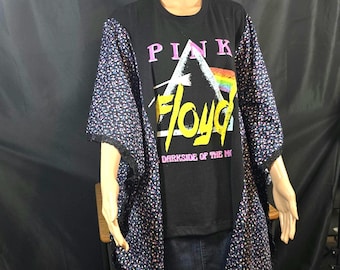 Pink Floyd. Dark side of the Moon. Handmade Black Cotton T-shirt Poncho with Cotton Fabric Sleeves.