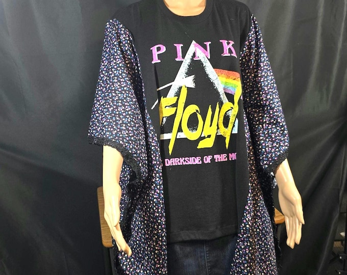 Pink Floyd. Dark side of the Moon. Handmade Black Cotton T-shirt Poncho with Cotton Fabric Sleeves.