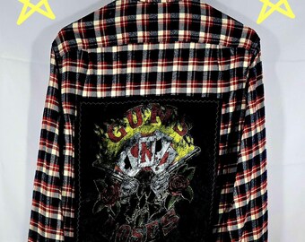 Upcycled Like New Small Flannel Shirt with Fabulas Guns N Roses designed patch.