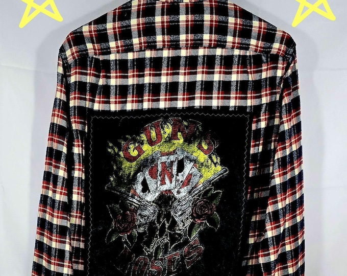 Upcycled Like New Small Flannel Shirt with Fabulas Guns N Roses designed patch.