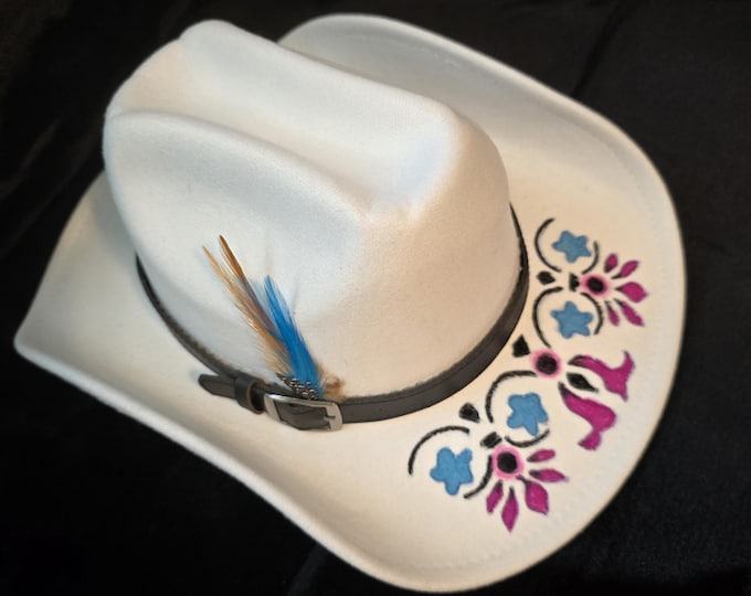 Artistic Burned/Painted White Blue Hat Custom Made. Adjustable Size. Western Fedora Hat.