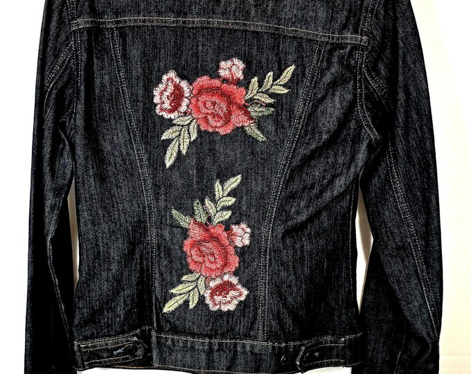 Upcycled Like New Flowers Decor Extra Small Black Jean Jacket.