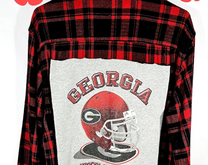 Upcycled Like New Large Flannel Shirt with Awesome Georgia BullDogs designed patch.