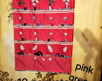 Pink & Green 19 Pockets Double Cotton Fabric Craft Hand Made.  Wall Hanging Organizer