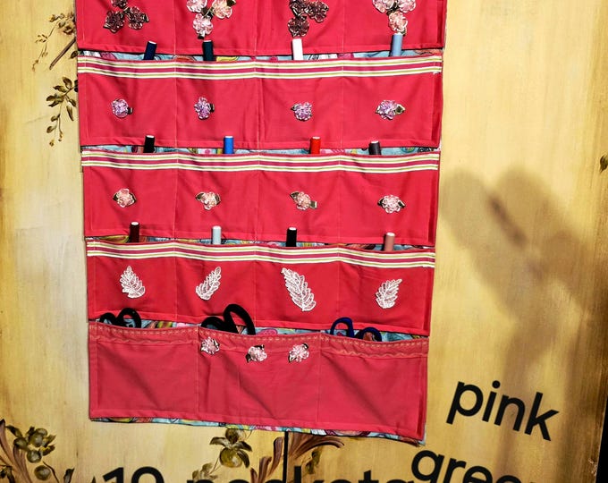 Pink & Green 19 Pockets Double Cotton Fabric Craft Hand Made.  Wall Hanging Organizer