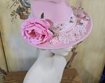 Elegant Light Pink & White Lace Fedora Fancy Hat Custom Made. Adjustable Size.