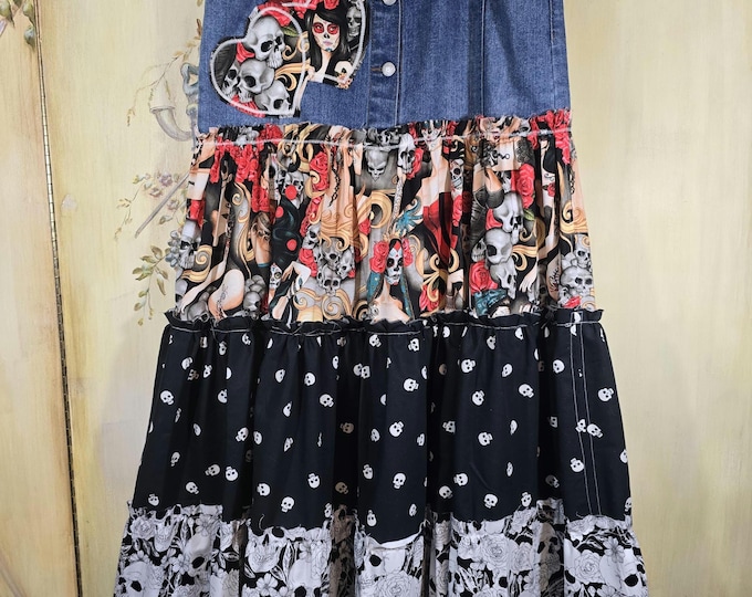 Vibrint & Colorful Upcycled Handmade Denim Maxi Skirt. Expressing individual style and artistic flair.