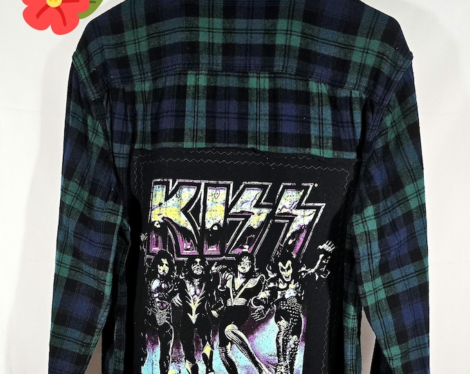 Upcycled Like New Extra Large Flannel Shirt with Famous Kiss Band designed patch.