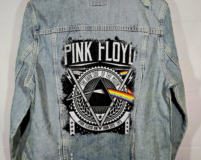 Upcycled Like New Pink Flyod Large Jean Light Blue Jean Jacket