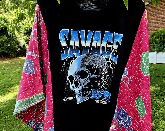 Wild Savage Unique Handmade Black-Rose Cotton T-shirt with Kantha Cotton Sleeves Poncho