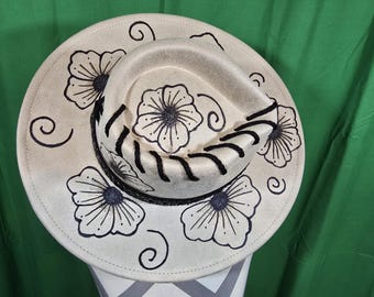 Beaded Band- Burned Beige and Black Custom Made Fedora Hat. Adjustable Size.