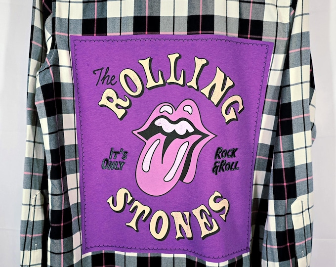 Upcycled Like New Medium Bleached Flannel Shirt with Rolling Stones designed patch.