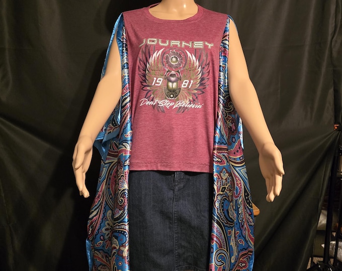 Journey - Don't Stop Believing. Handmade Brown Cotton T-shirt Poncho with Broen. Blue Tones Polyester Silk Fabric Sleeves.