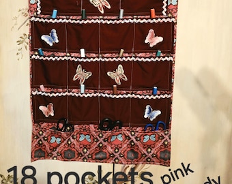 Pink Burgundy & Blue 18 Pocket Double Cotton Fabric Craft Hand Made Wall Hanging Organizer