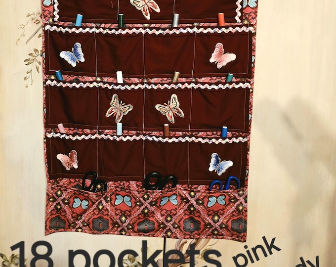 Pink Burgundy & Blue 18 Pocket Double Cotton Fabric Craft Hand Made Wall Hanging Organizer